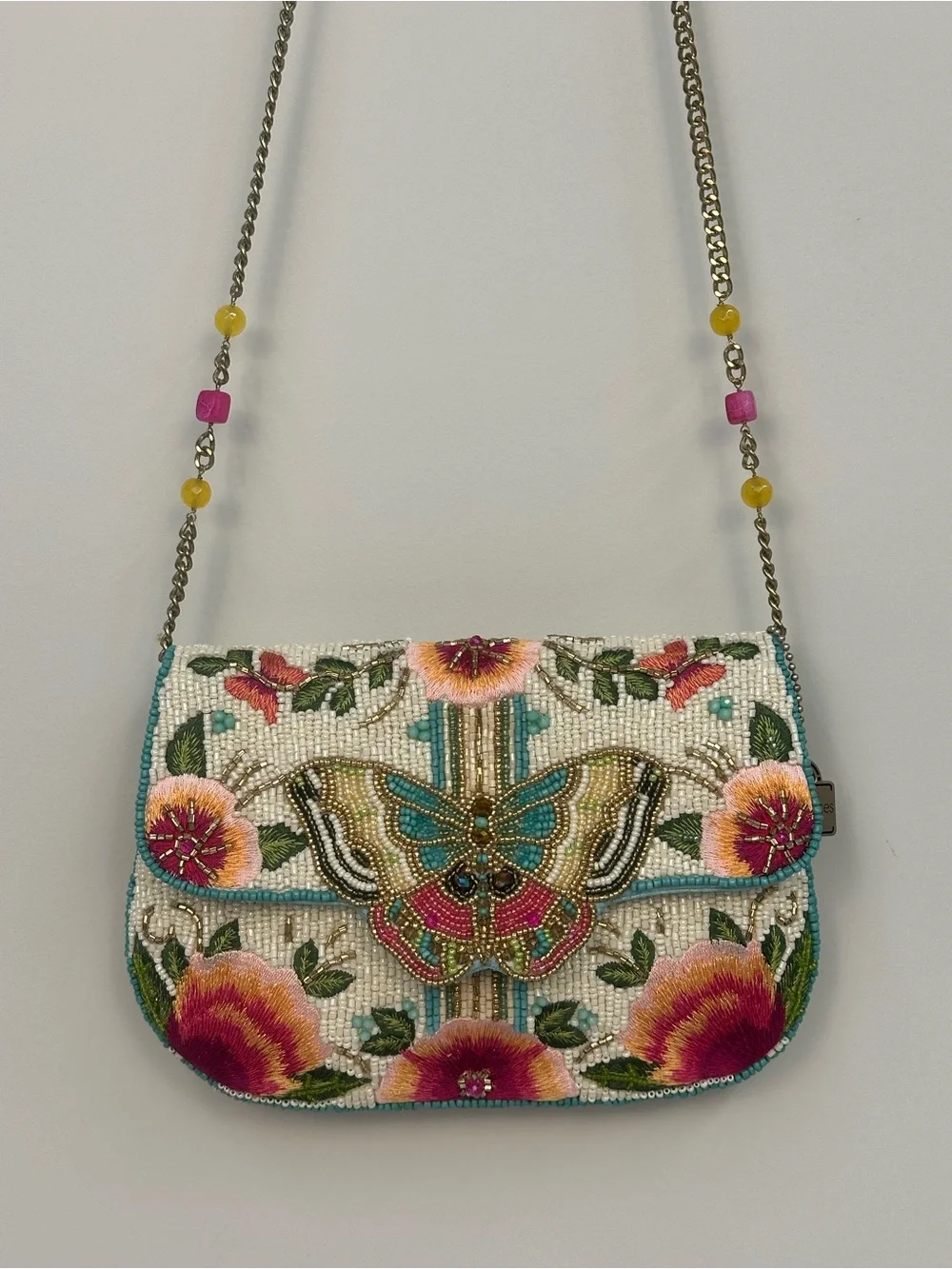 Mary Frances Beaded Butterfly Floral Clutch in Cream, Pink, Teal and Gold